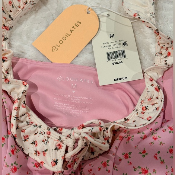 Women’s Ruffle Lace Up Tank Top Pink Floral - Picture 9 of 9